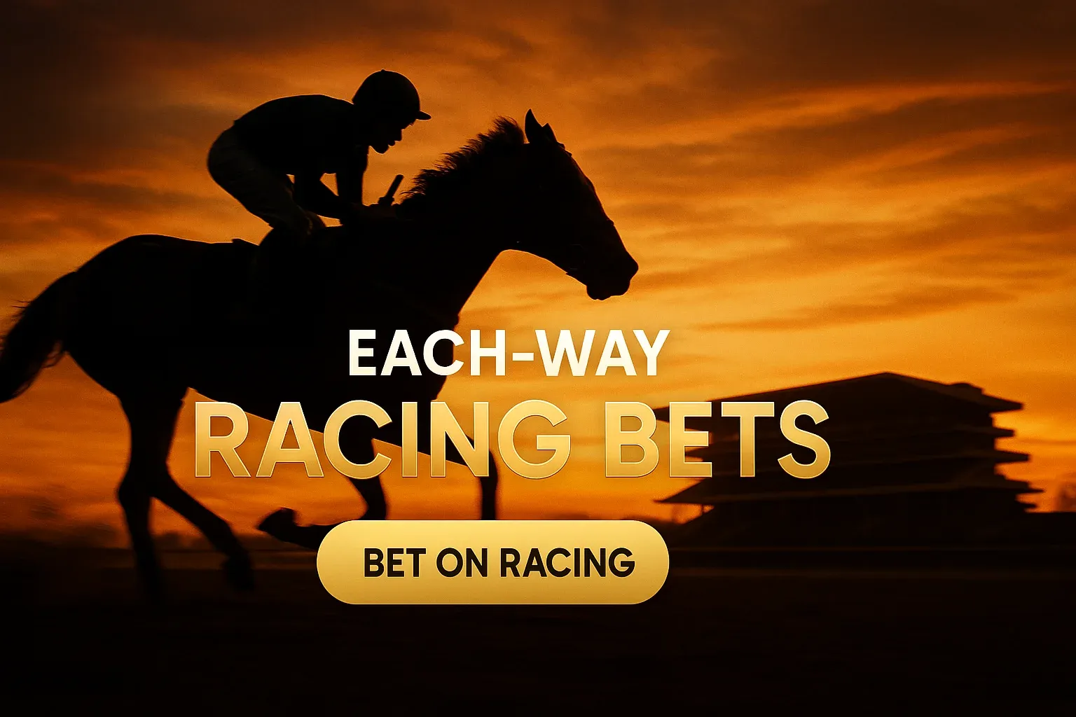 Wide sports betting banner with jockey silhouette at sunset and CTA