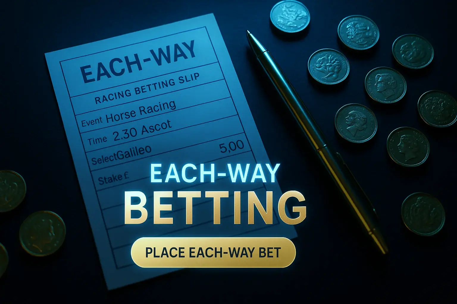 Luxury each-way betting slip with gold pen and coins, British racing