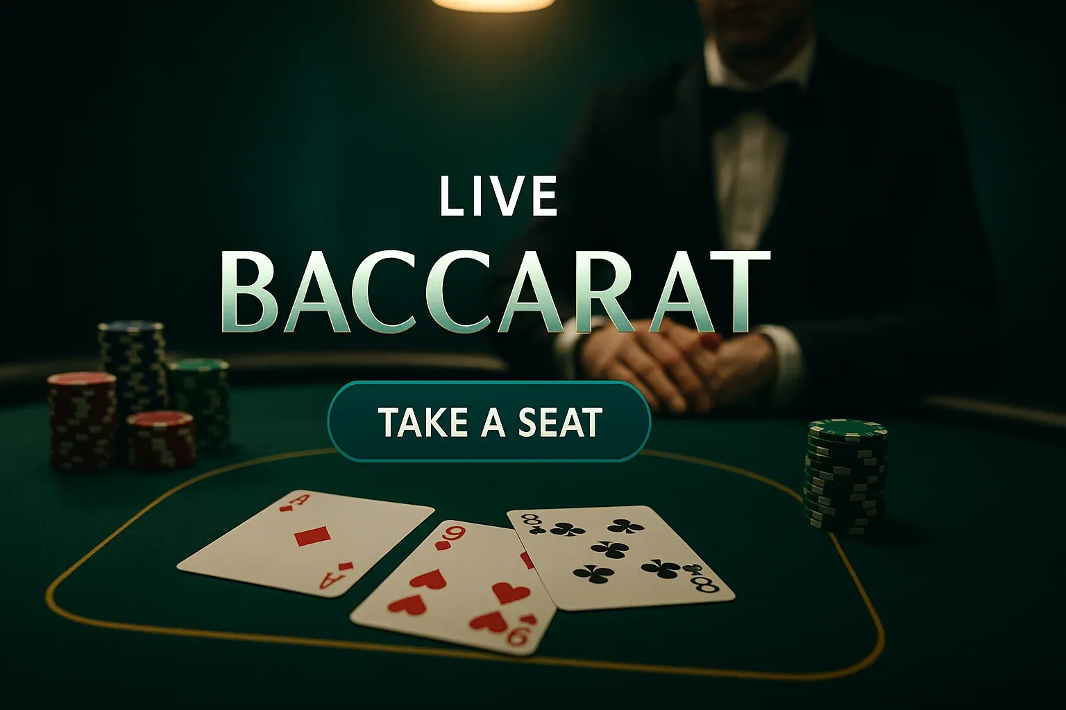 Photorealistic live baccarat casino banner with cards, chips, dealer and CTA