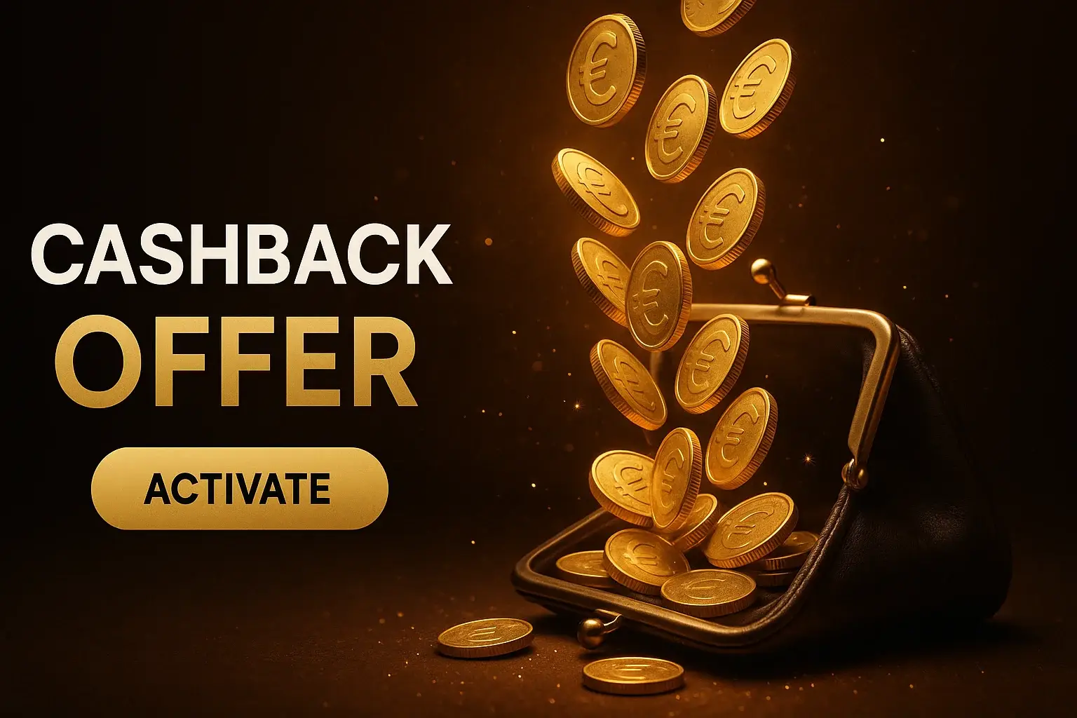 Photorealistic cashback offer banner with gold coins, luxury wallet and CTA button