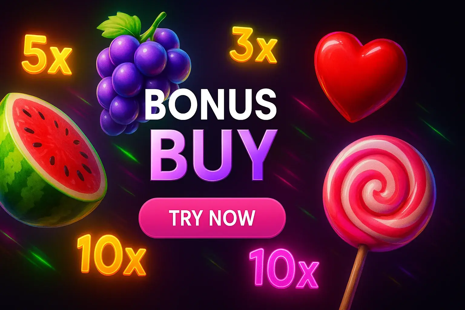 Photorealistic casino slot banner with bonus buy text and try now button