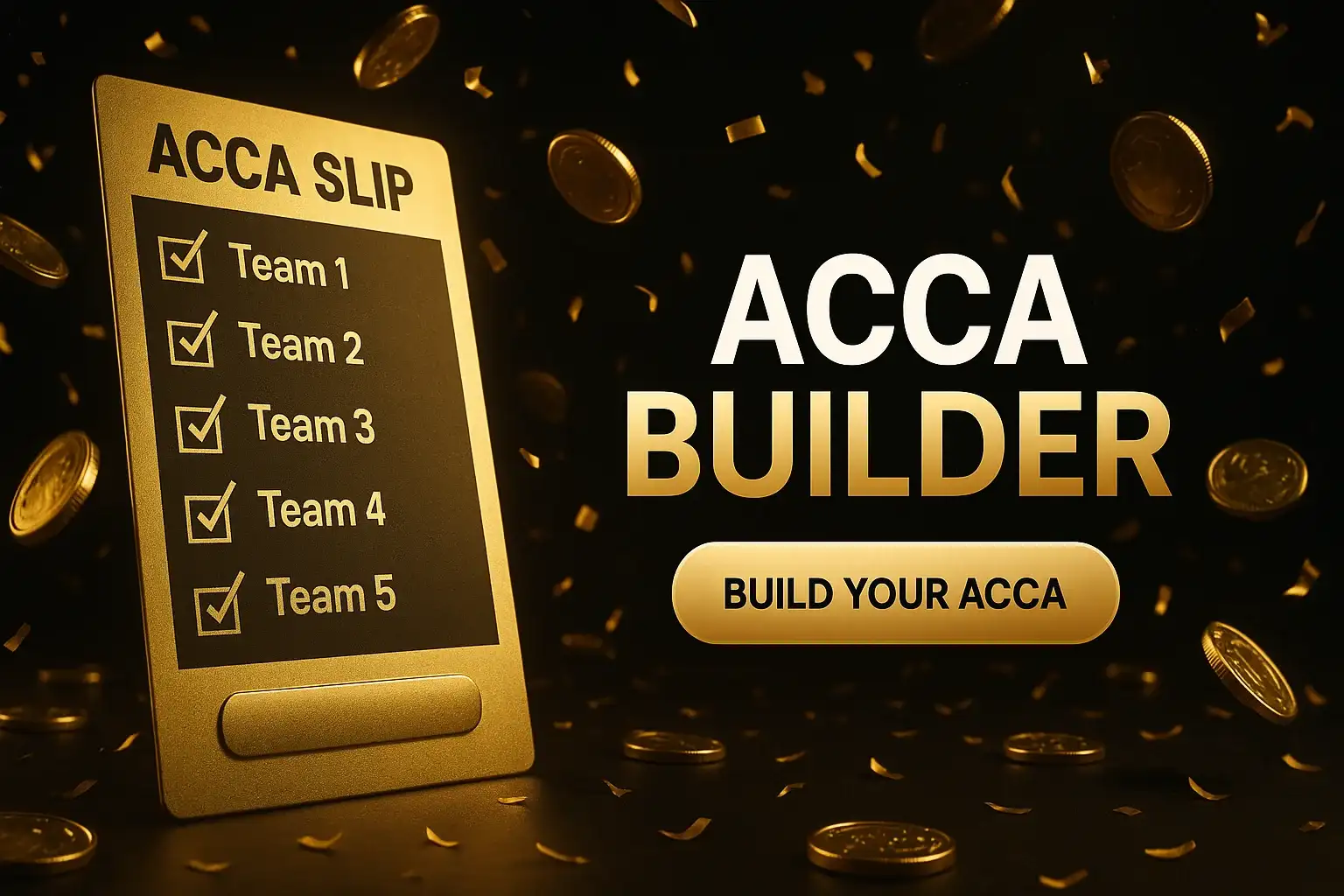 Photorealistic UK acca builder banner with gold slip, coins and confetti